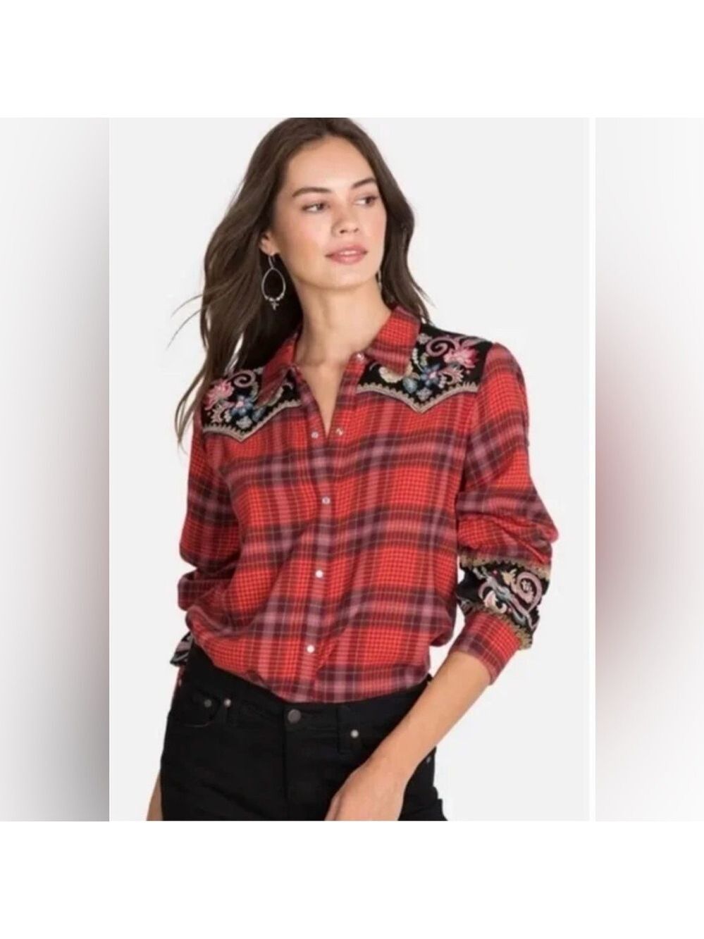 Johnny Was Esme Embroidered Western Pearlsnap Shirt Red Plaid Rodeo Women's XXS